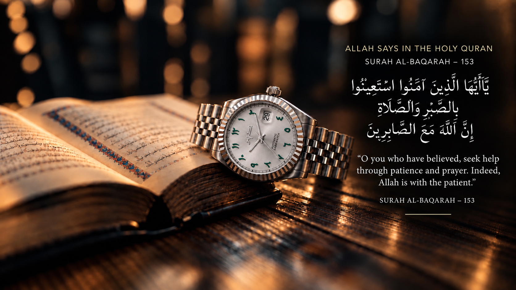 SABRWATCH beside the Quran. Allah says in Surah Al-Baqarah 153: O you who have believed, seek help through patience and prayer. Indeed, Allah is with the patient.
